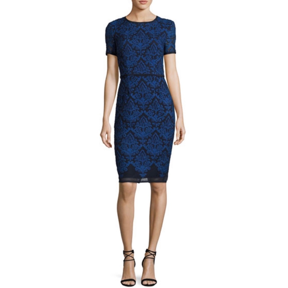 St.John Collection Kamala Embroidered Mesh Navy Blue Sheath Dress Sz 6 NWOT